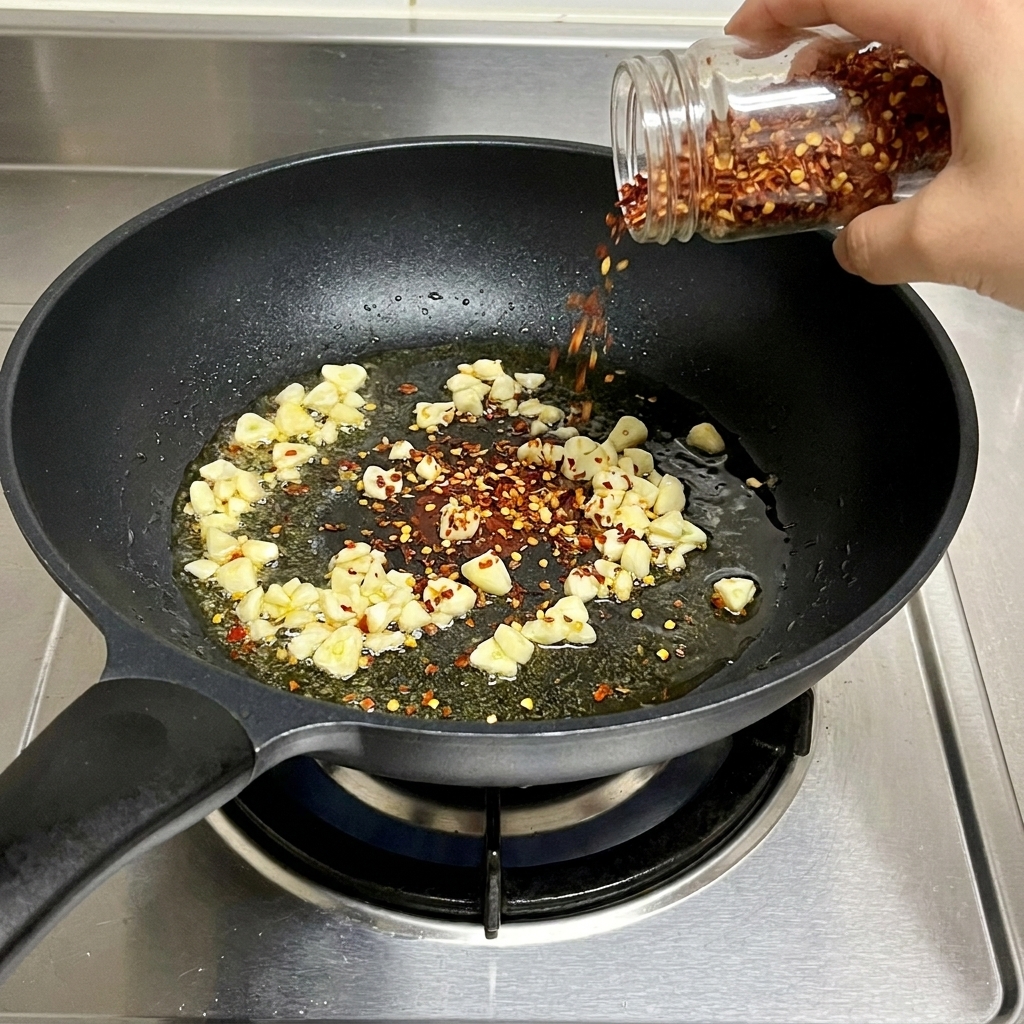 Copos de chile rojo cayendo de un frasco de especias a una sartén con ajo salteado.