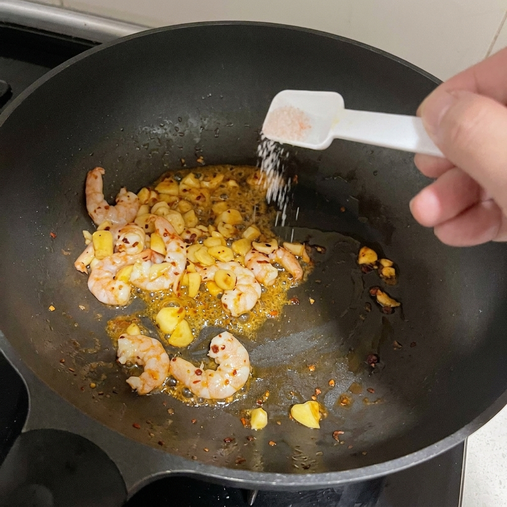 Una cuchara medidora espolvoreando sal sobre camarones rosados y ajo dorado.