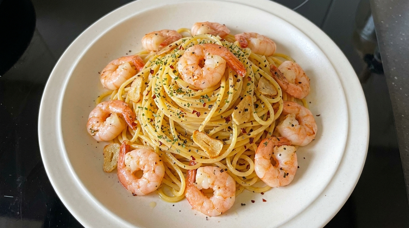 Una ración de pasta con camarones al ajillo recién servida, decorada con perejil, copos de chile y pimienta negra molida.