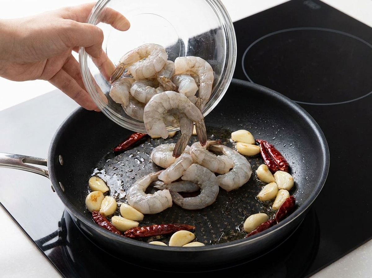 Gambas crudas vertiéndose desde un bol de cristal a una sartén caliente con ajos y guindillas.