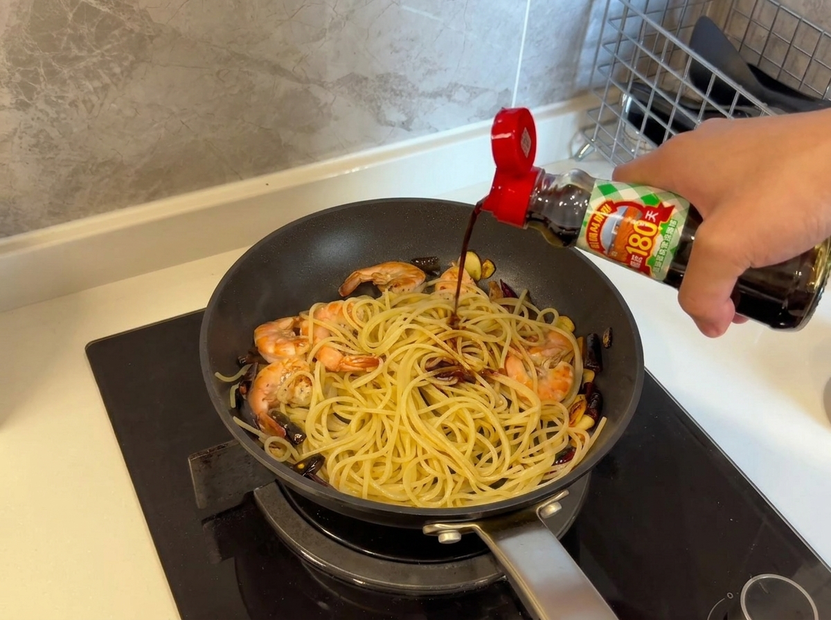 Salsa de soja clara vertiéndose desde una botella sobre espaguetis y gambas en una sartén.