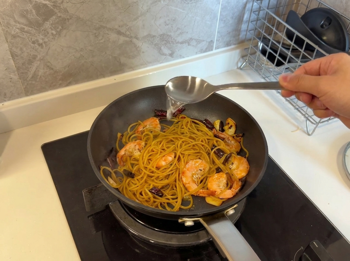 Una cuchara metálica vertiendo agua de cocción de la pasta en una sartén con espaguetis y gambas.