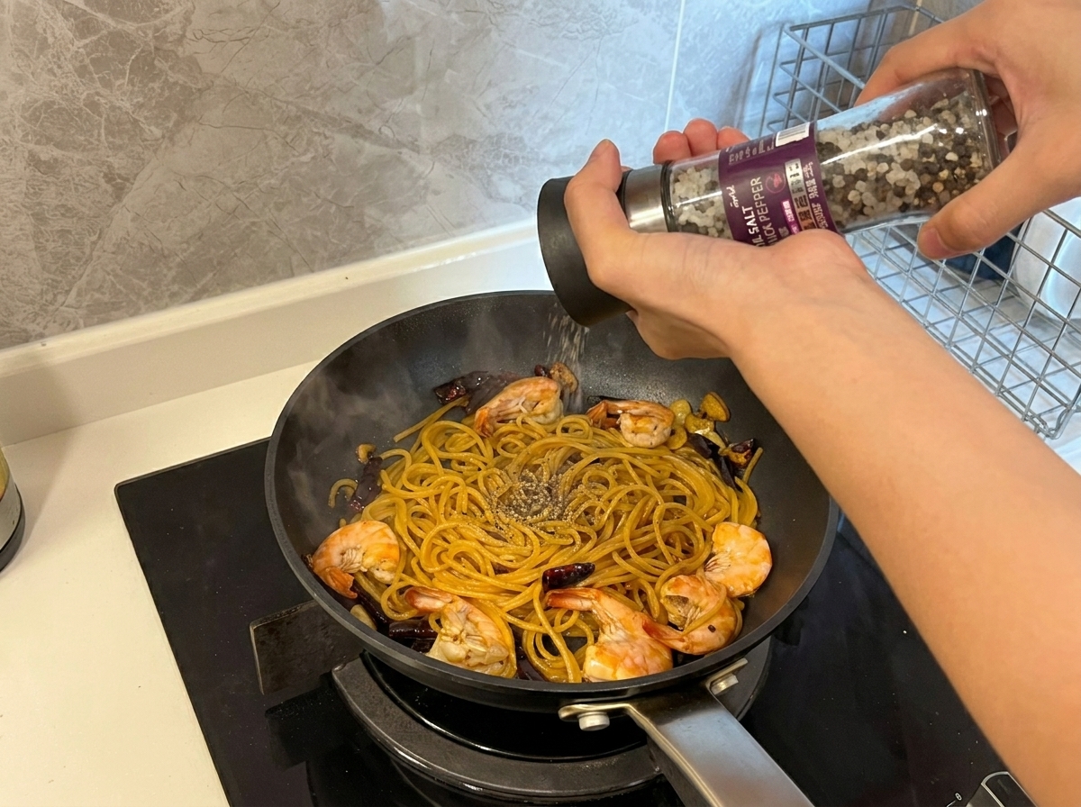 Pimienta negra fresca moliéndose sobre una sartén de espaguetis con gambas al ajo.