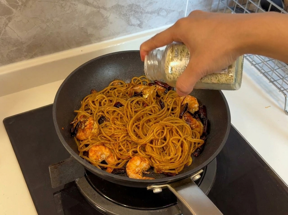 Copos de perejil seco espolvoreándose desde un tarro sobre la sartén de pasta con gambas terminada.