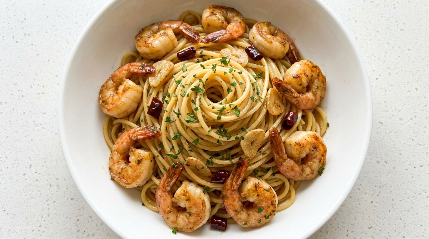 Pasta con gambas al ajo y salsa de soja en 10 minutos