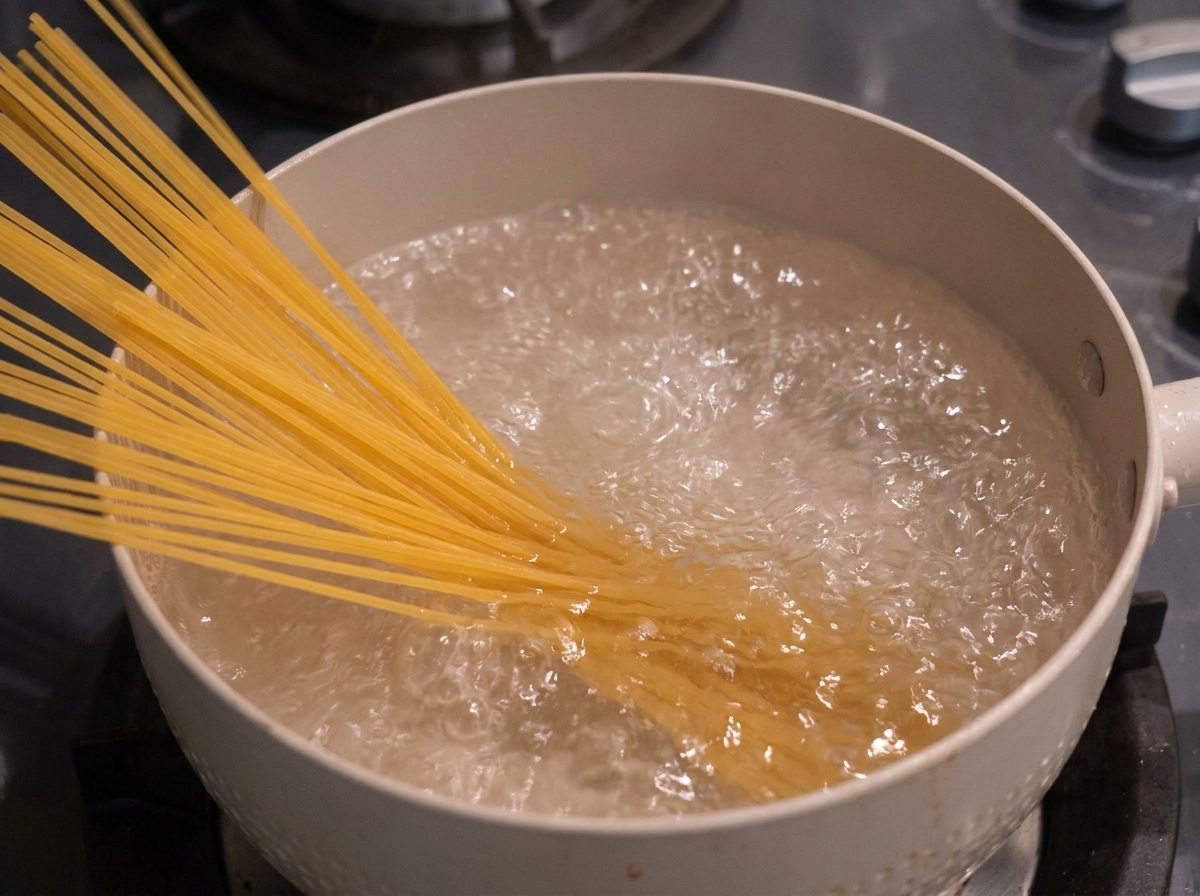 Espaguetis secos sumergidos en una olla con agua hirviendo.