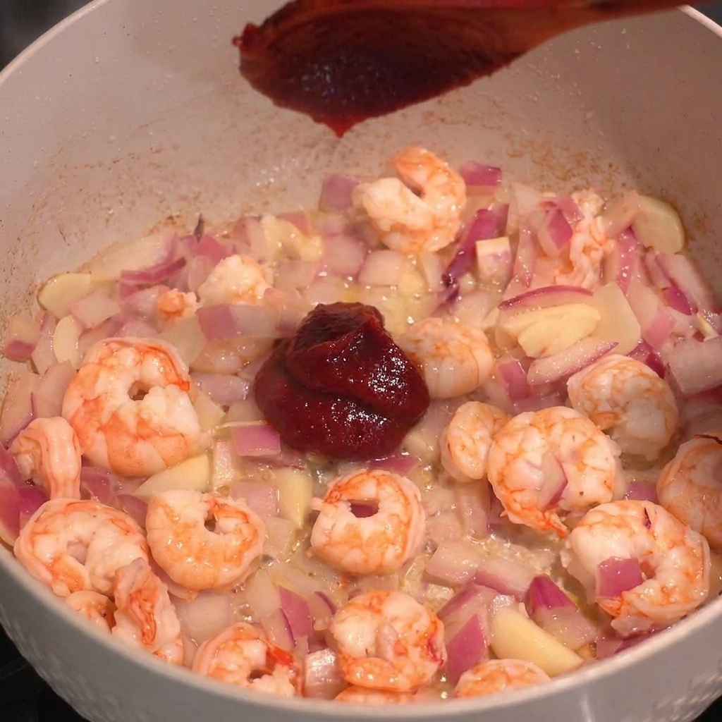 Una cucharada de pasta picante roja coreana añadida a los camarones en la sartén.