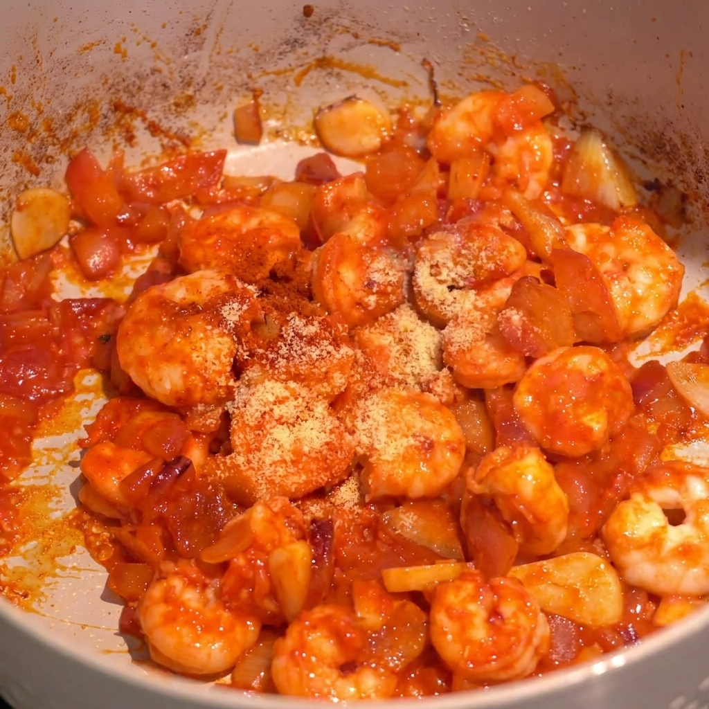 Primer plano de camarones y cebollas en salsa roja con especias secas espolvoreadas encima.