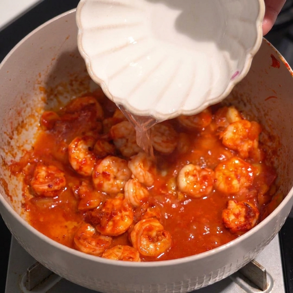 Mano vertiendo agua desde un pequeño bol blanco hacia la sartén con camarones y salsa roja.