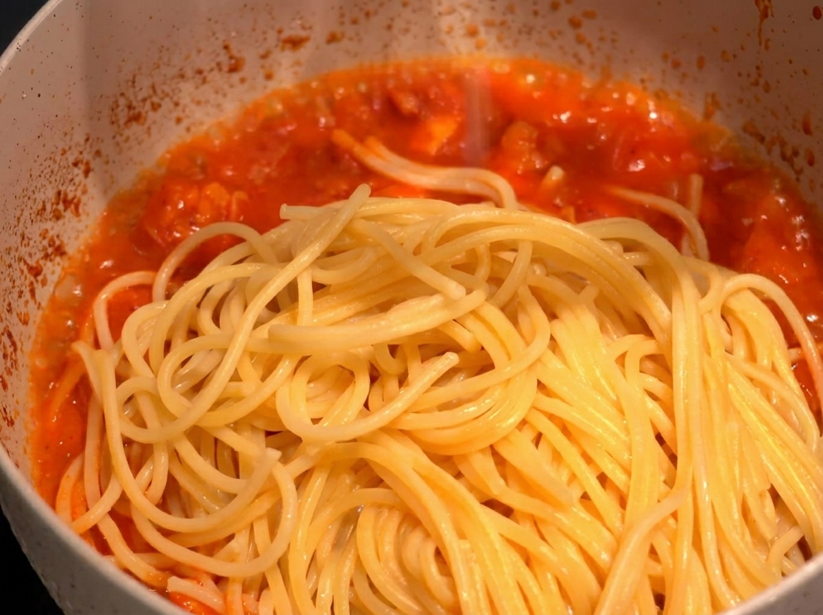 Espaguetis recién hervidos sobre una salsa roja burbujeante con camarones en la sartén.