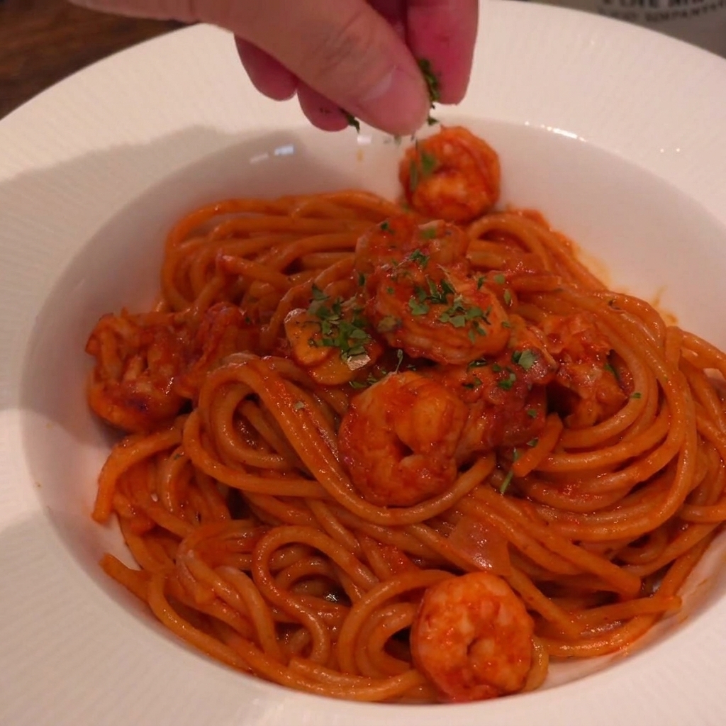 Mano espolvoreando perejil verde sobre un bol de pasta con camarones picantes.