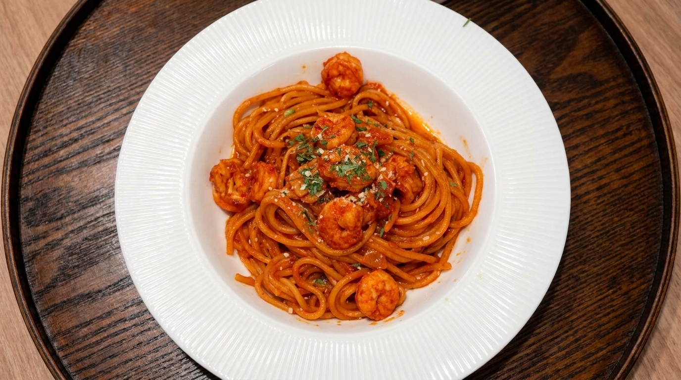 Pasta con Camarones al Ajillo Estilo Coreano