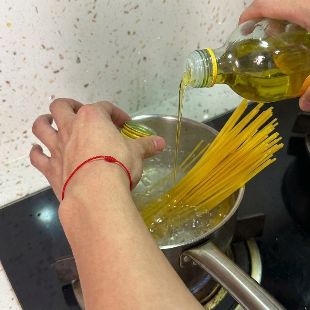 Mano vertiendo aceite de oliva virgen desde una botella de vidrio en una olla de espaguetis hirviendo.