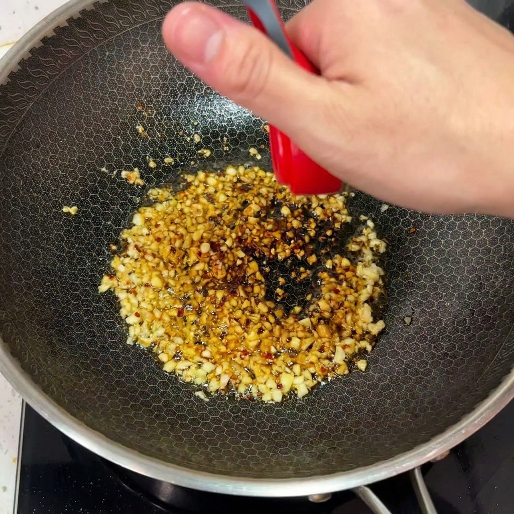 Mano espolvoreando copos de chile rojo desde un agitador en un wok con ajo chisporroteante.