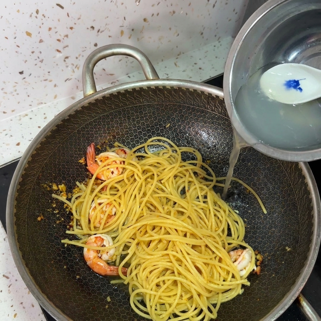 Vertiendo agua de pasta turbia y almidonada desde un bol de metal en un wok con espaguetis y camarones.