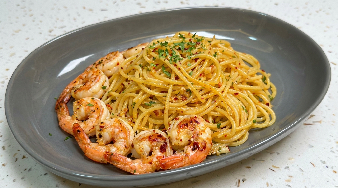 Espaguetis Aglio e Olio con Camarones a la Mantequilla y Ajo