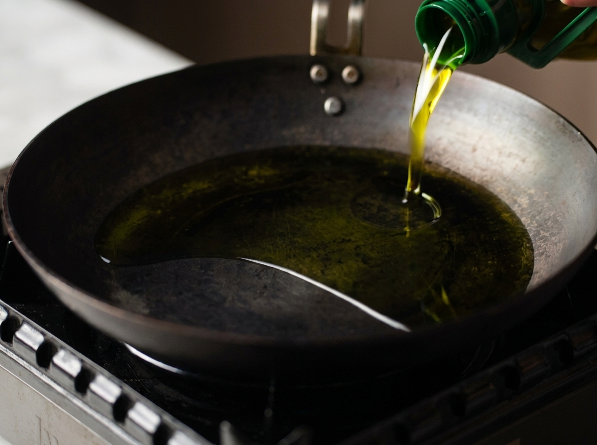 Aceite de cocina vertiéndose desde una botella verde en una sartén de acero al carbono caliente.