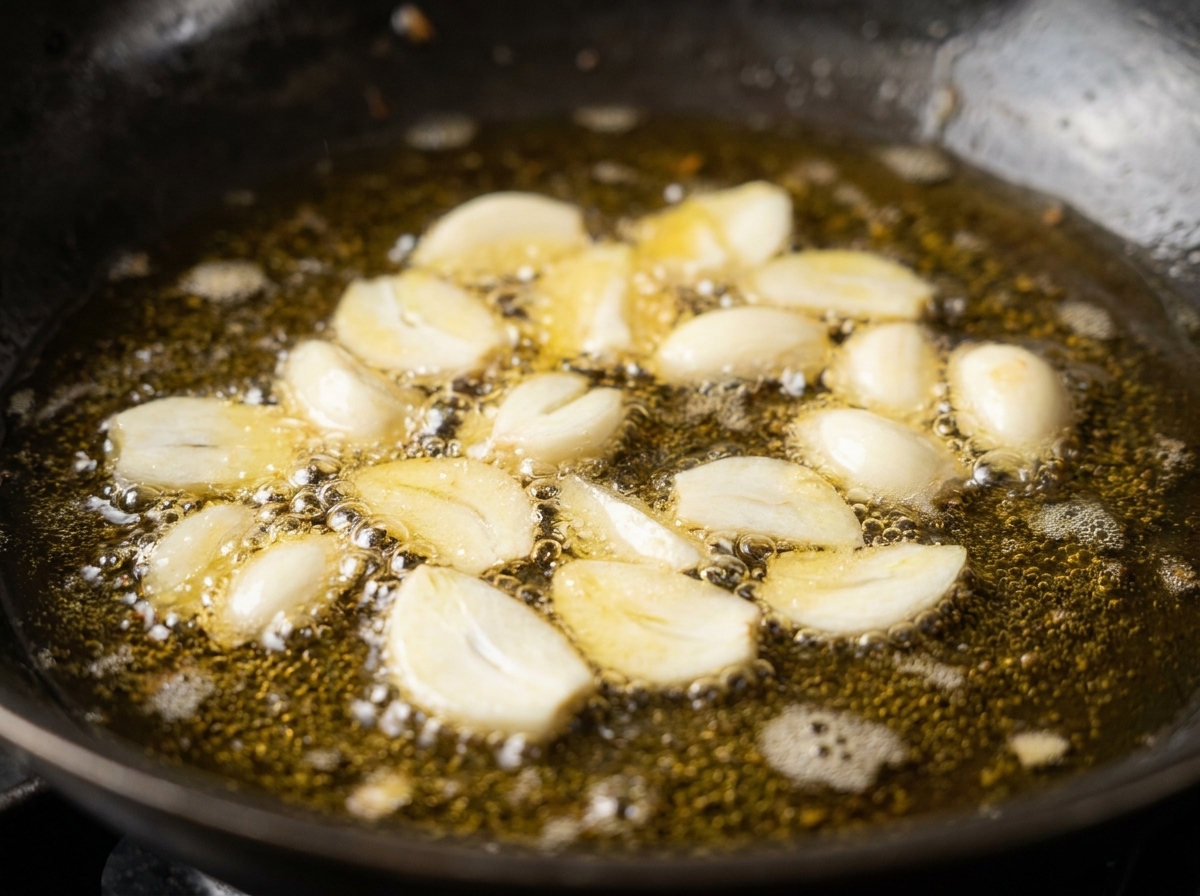 Ajo laminado burbujeando suavemente en una sartén con aceite dorado infusionado con gambas.