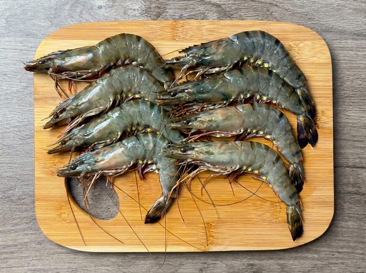 Camarones crudos enteros dispuestos en una tabla de cortar de madera.