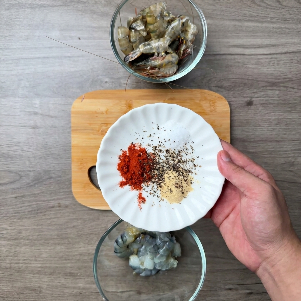 Una mano sosteniendo un plato con especias secas sobre un bol de vidrio con camarones pelados.