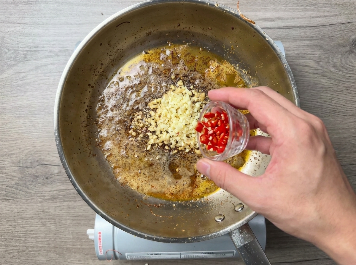 Chiles rojos picados añadiéndose a una sartén con ajo sofrito.