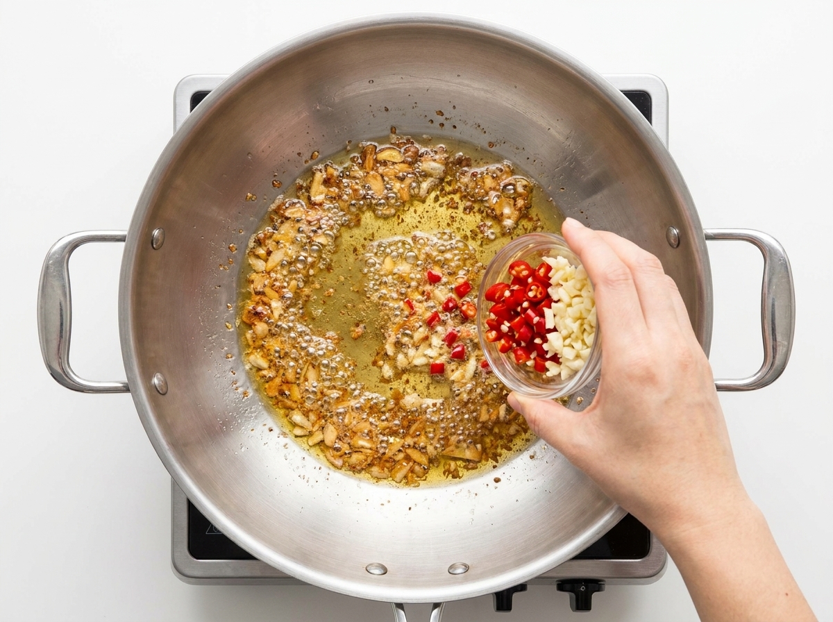 Chile picado y ajo mezclándose en una sartén con aceite sazonado.