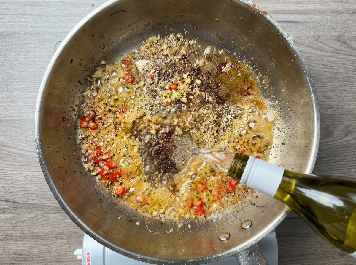 Vino blanco vertiéndose desde una botella verde en una sartén caliente con salsa de ajo.