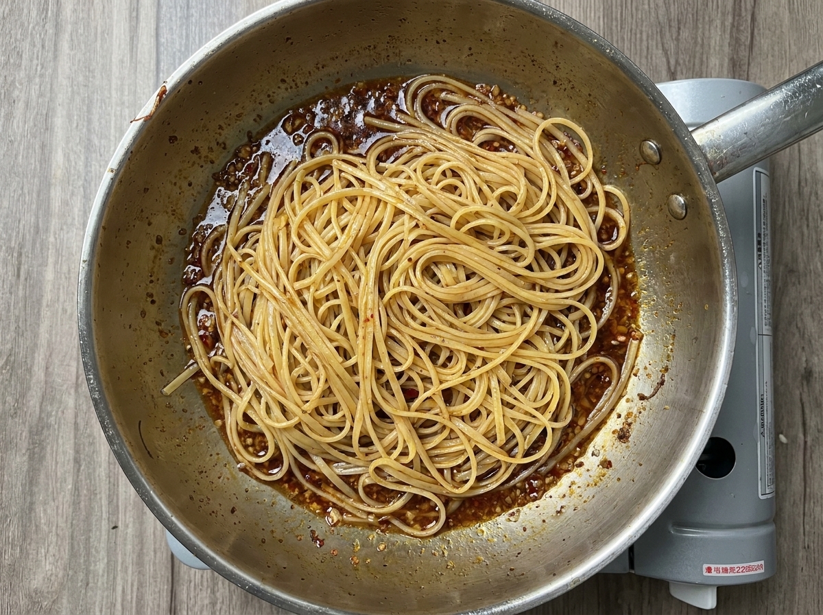 Pasta linguine cocida mezclándose con una salsa de ajo rojiza en una sartén.