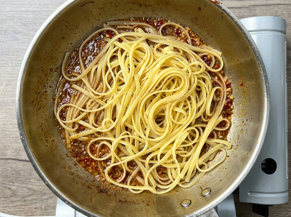 Linguine en una sartén de acero inoxidable sobre una salsa de ajo y chile.