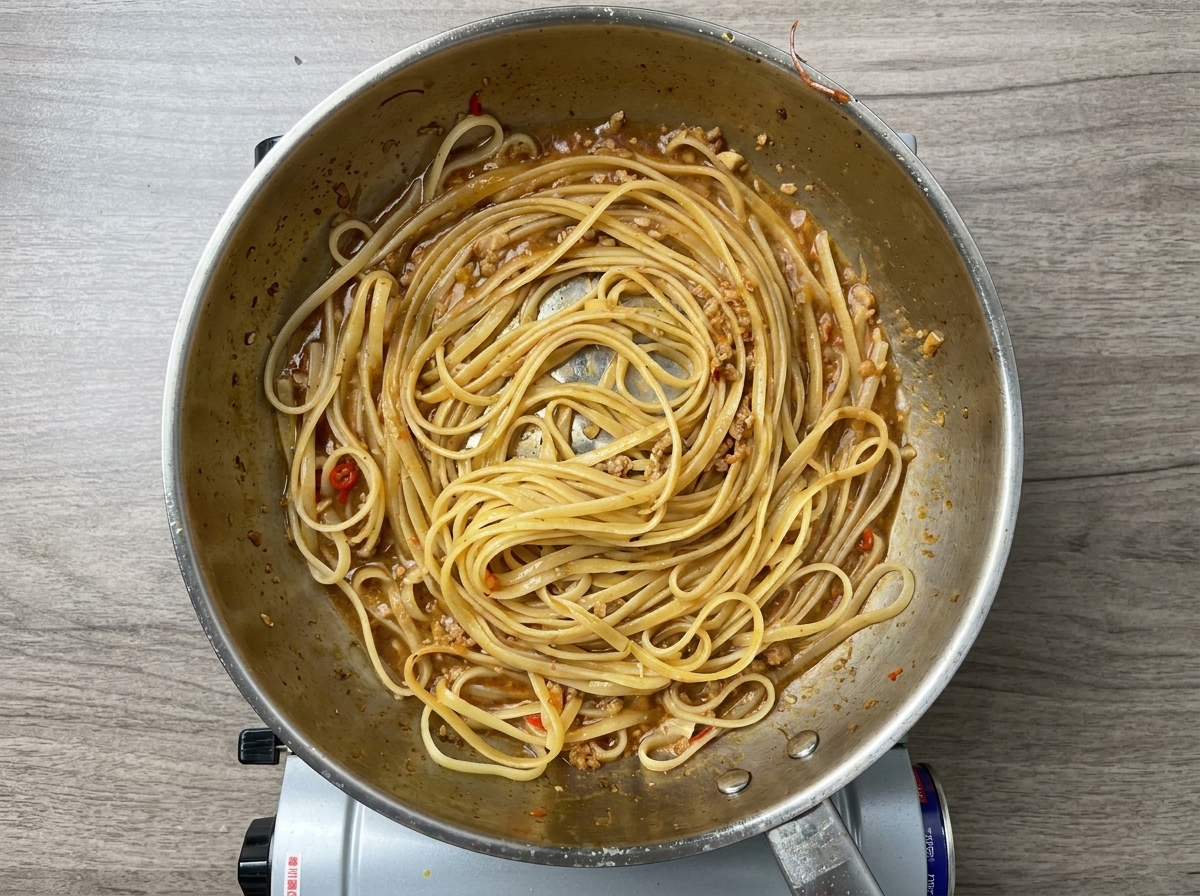 Pasta linguine bañada en una salsa de ajo brillante.