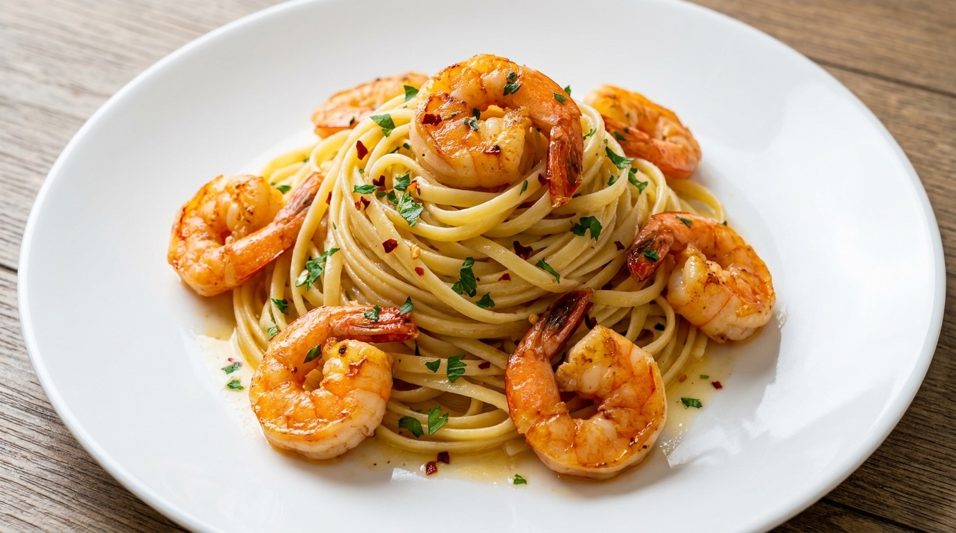 Pasta con Camarones al Ajillo y Mantequilla