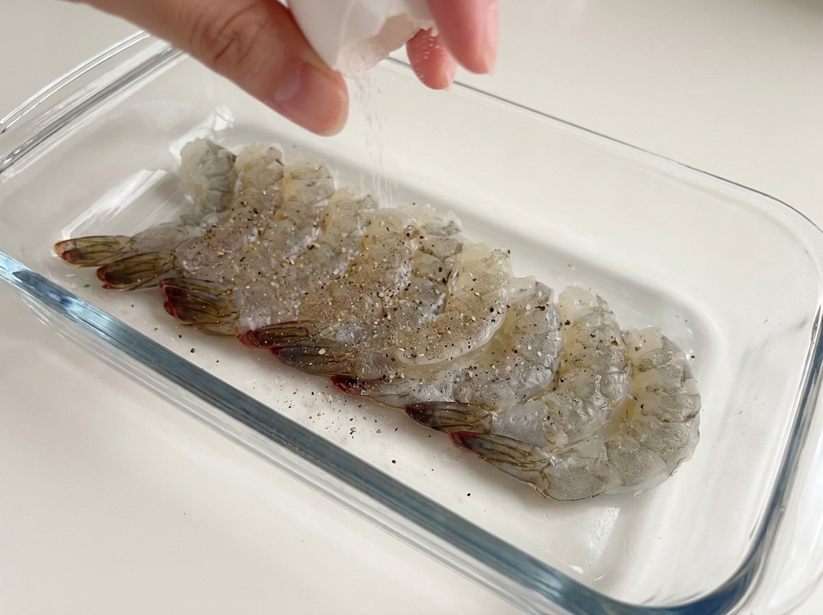 Una mano moliendo sal marina y pimienta negra sobre gambas crudas en una fuente de cristal.