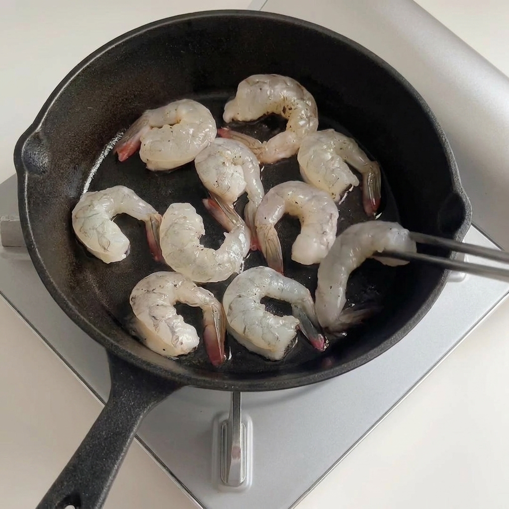 Pinzas colocando gambas crudas sazonadas en una sartén de hierro fundido con aceite de oliva templado.