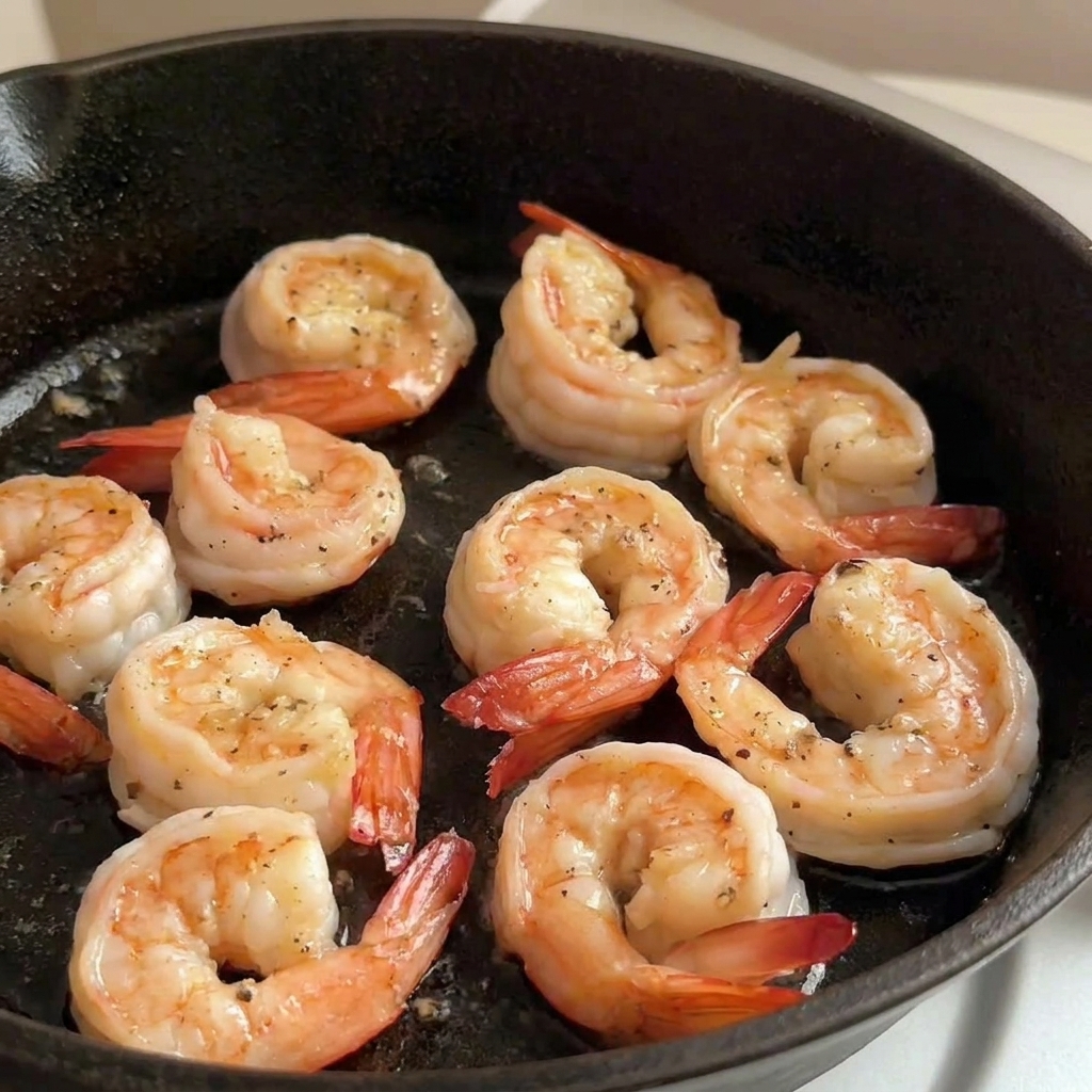 Gambas cocinadas de color rosa brillante en una sartén de hierro fundido.