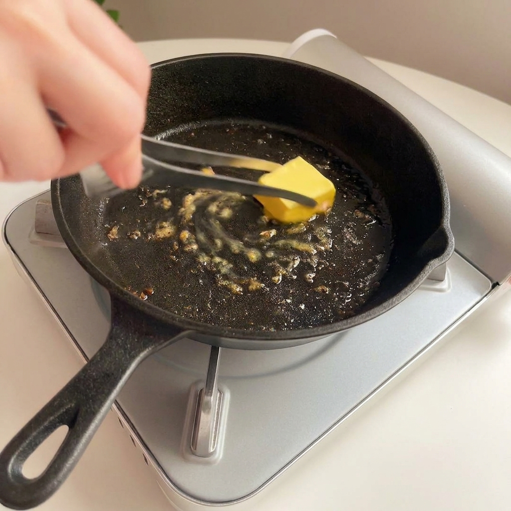 Una mano usando pinzas para colocar un trozo de mantequilla en una sartén de hierro caliente.
