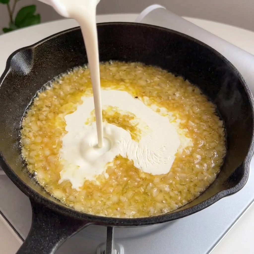 Nata líquida blanca vertiéndose en una reducción de vino y ajo burbujeante.