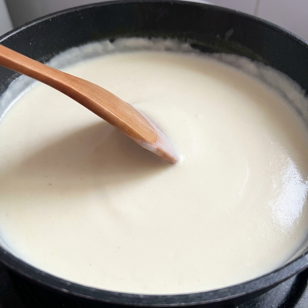 Salsa cremosa blanca para pasta siendo removida con una espátula de madera y salpicada con pimienta negra.