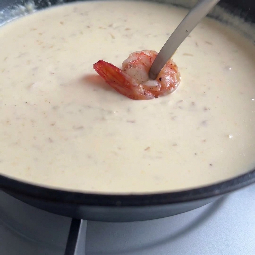 Pinzas colocando una gamba rosa cocida en una sartén con salsa de crema suave.