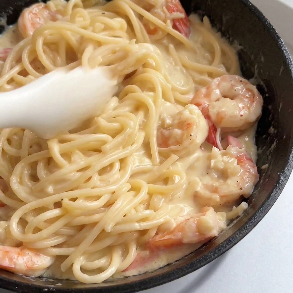 Mezclando espaguetis y gambas rosas en una salsa cremosa de ajo usando pinzas de silicona blancas.