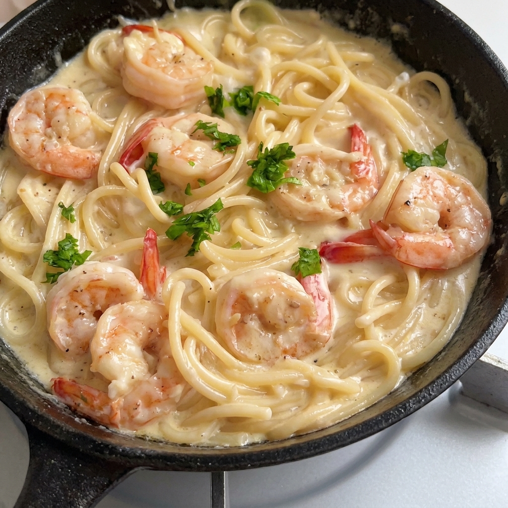 Pasta cremosa con gambas terminada en una sartén oscura, decorada con perejil verde fresco picado.