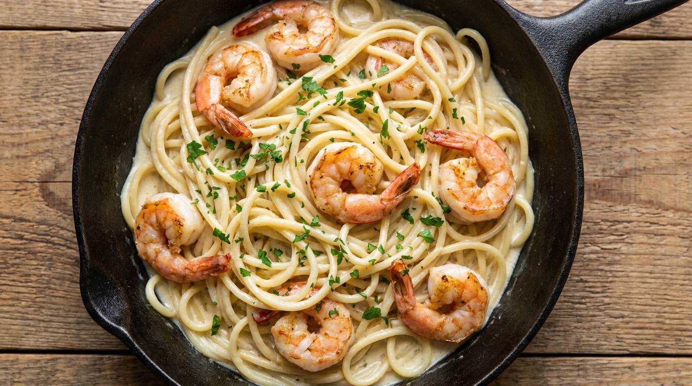 Espaguetis Cremosos con Gambas al Ajillo y Vino Blanco