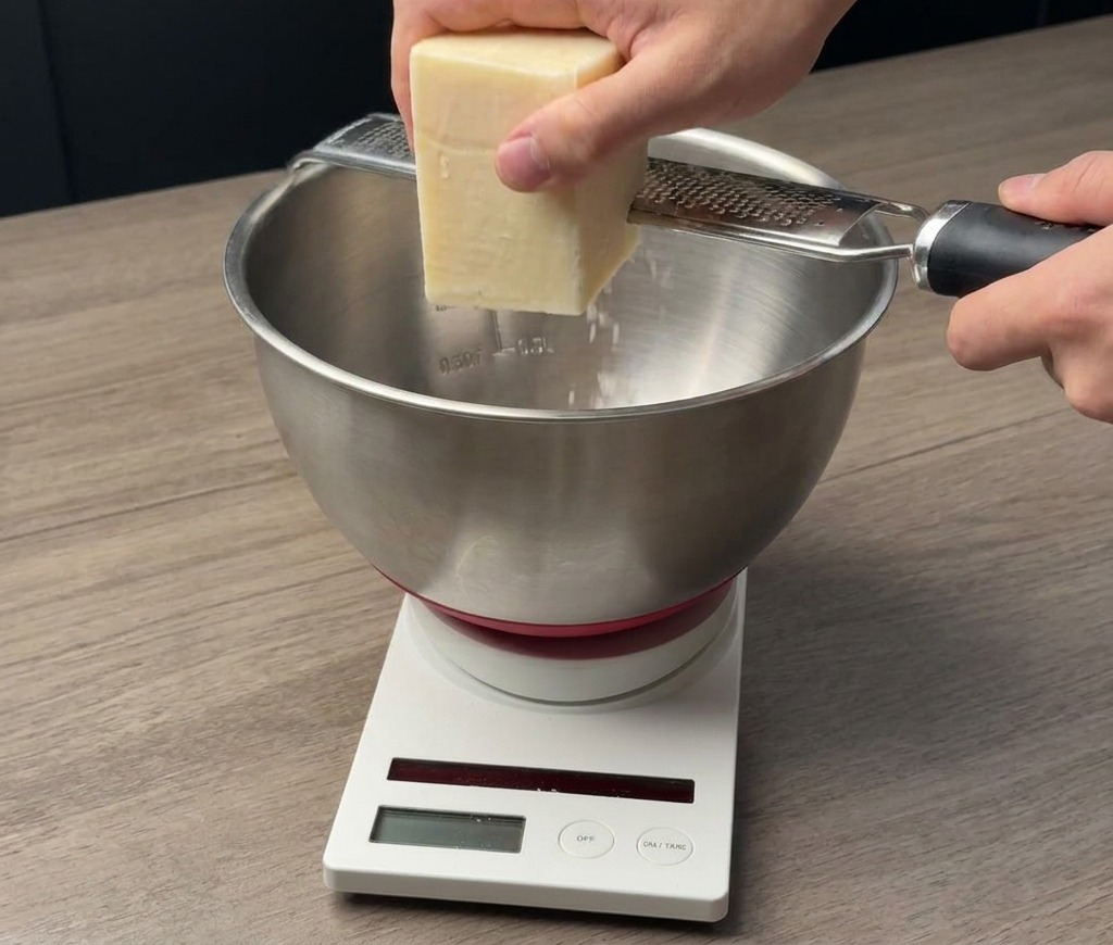 Una mano rallando un bloque de queso sobre un bol de acero inoxidable colocado en una báscula digital.