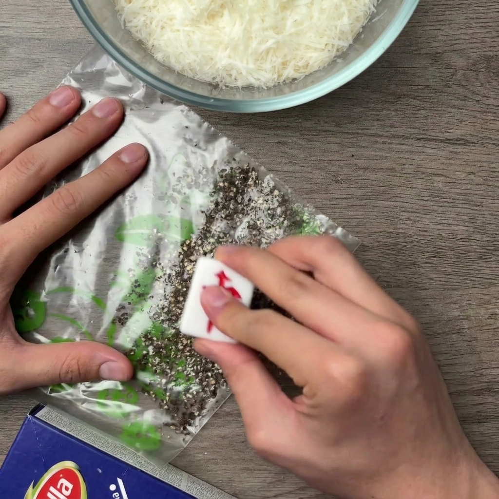 Manos presionando con un mazo de cocina sobre una bolsa con granos de pimienta negra.