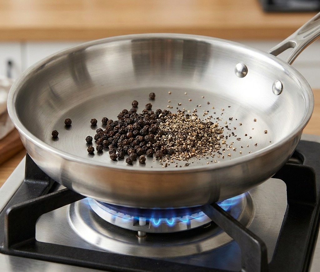 Granos de pimienta negra triturados tostándose en una sartén de acero inoxidable sobre fuego de gas.