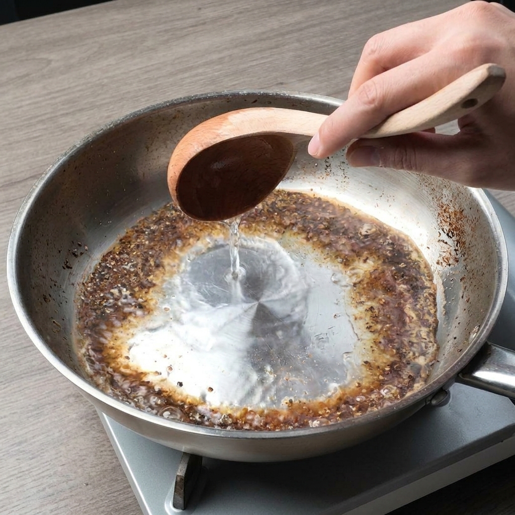 Una mano usando un cazo de madera para verter agua caliente en una sartén con pimienta tostada.