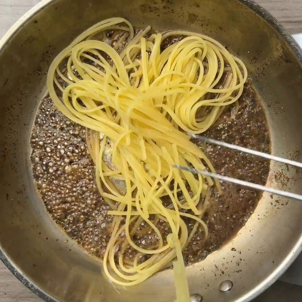 Pinzas de metal pasando espaguetis a medio cocer a una sartén con agua de pimienta.