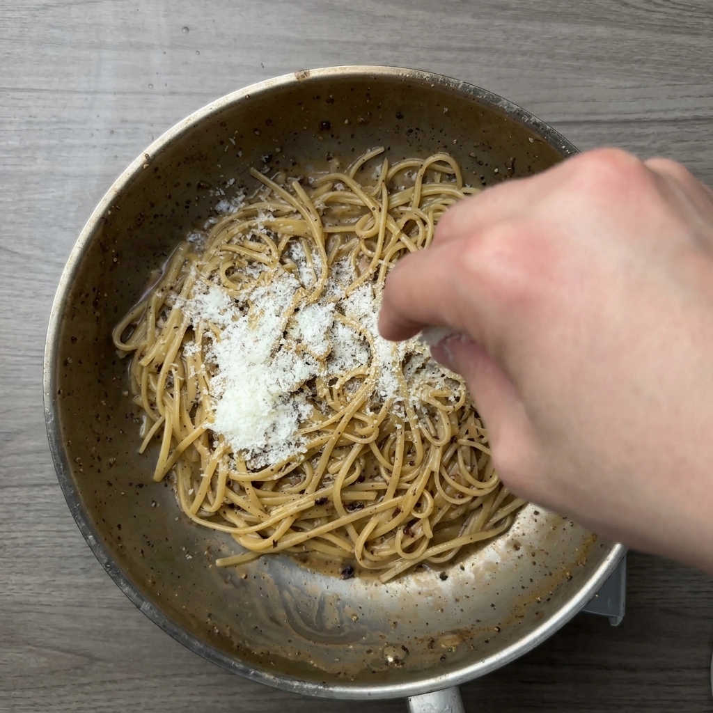 Una mano espolvoreando queso rallado sobre la pasta caliente en una sartén.