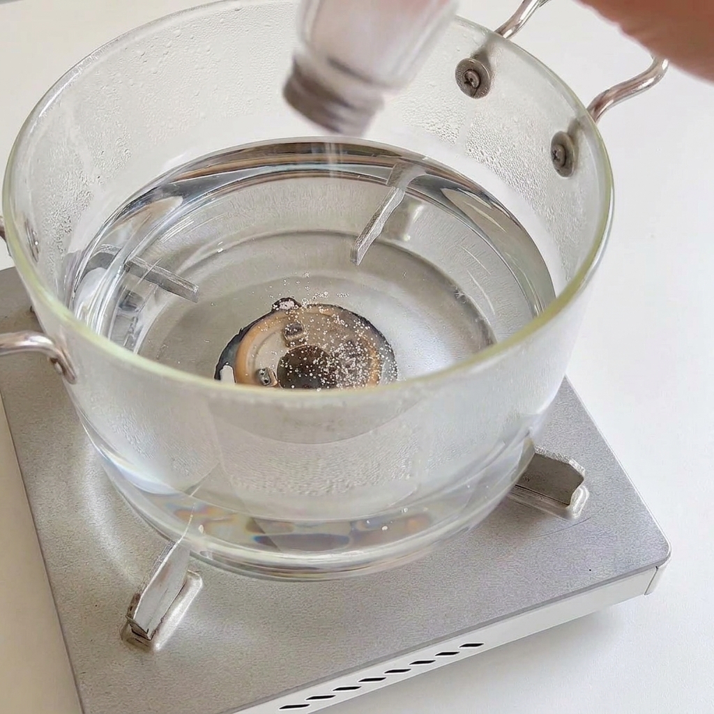 Un salero espolvoreando sal en una olla de cristal con agua hirviendo sobre los fogones.