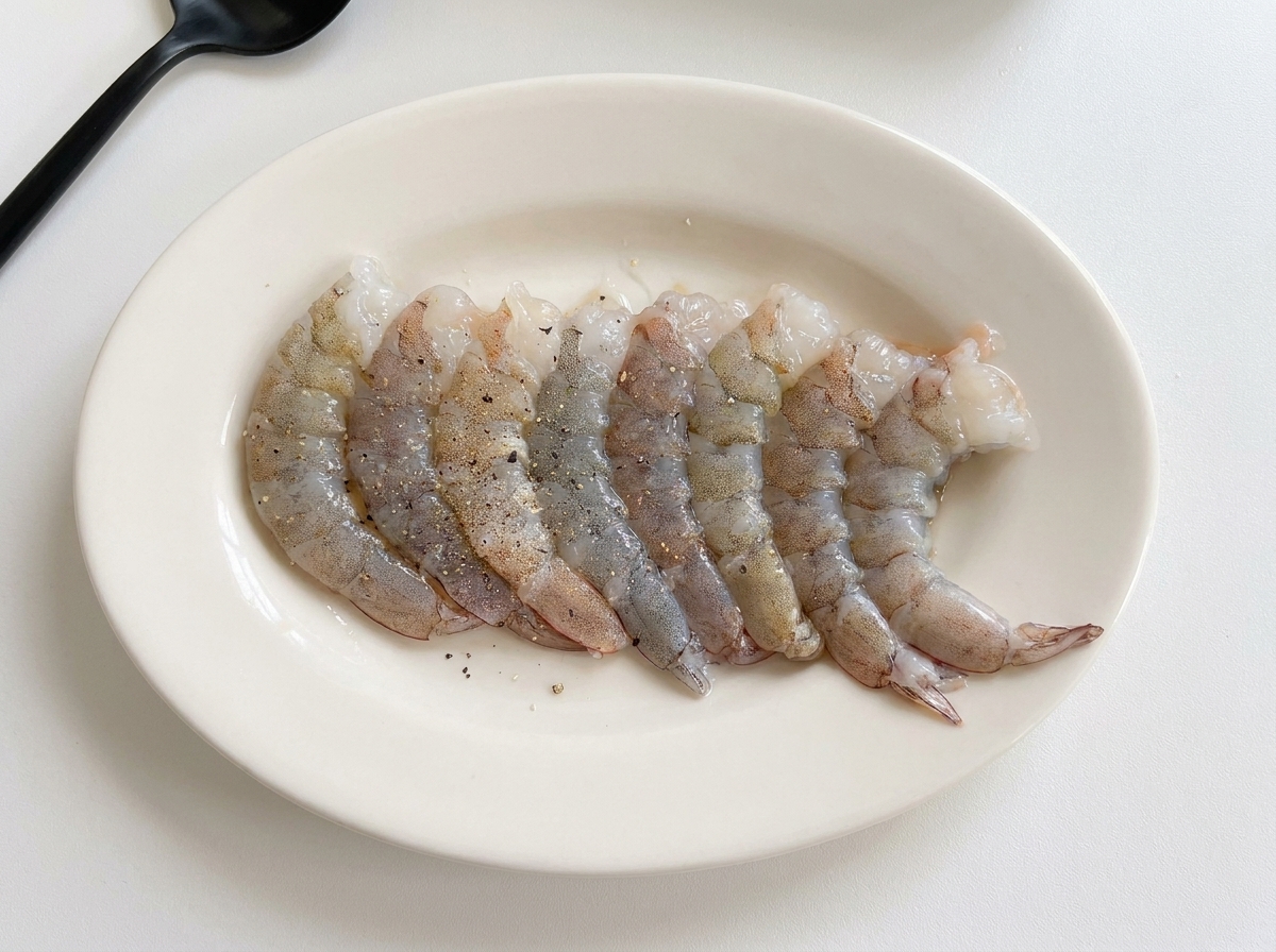 Langostinos crudos y pelados dispuestos en un plato blanco, espolvoreados con pimienta negra.