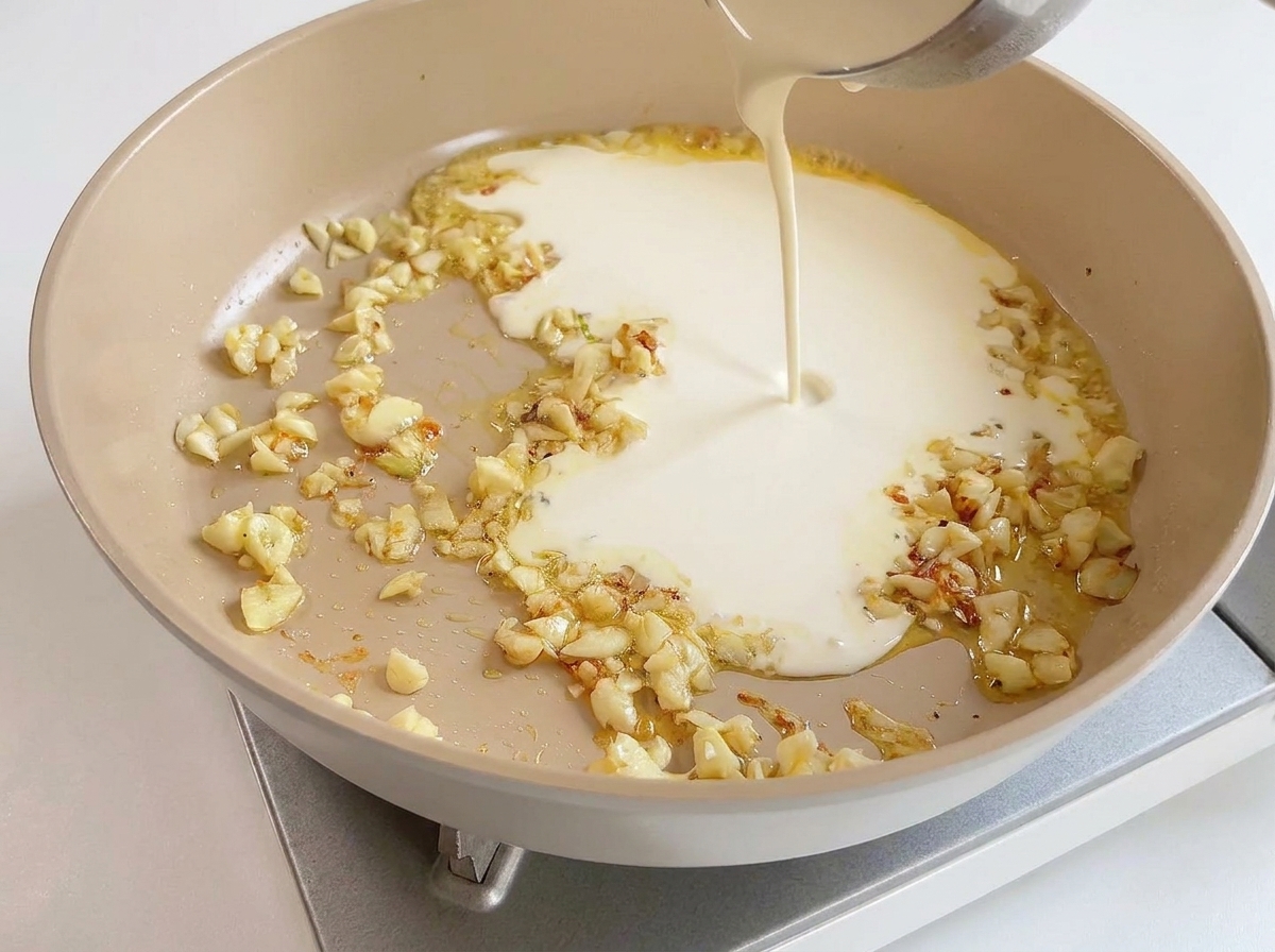 Crema blanca vertiéndose de un pequeño cazo a una sartén con ajo picado sofrito.
